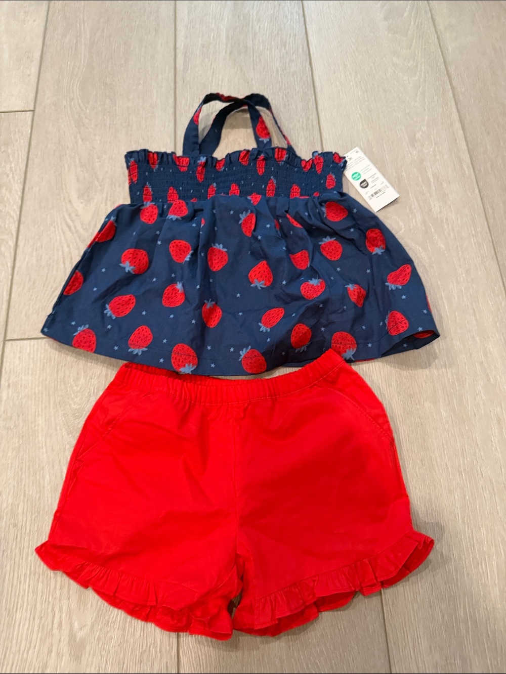 Navy Strawberry Print Tank with Red Ruffle Shorts